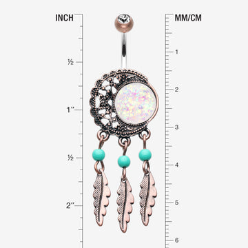 Detail View 1 of Vintage Boho Filigree Moon Opal Dreamcatcher Belly Button Ring-Brass/Clear/White
